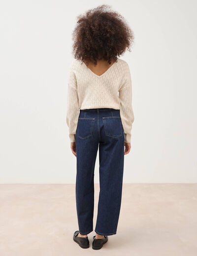 Jeans barrel taille haute broderie denim brut clean femme