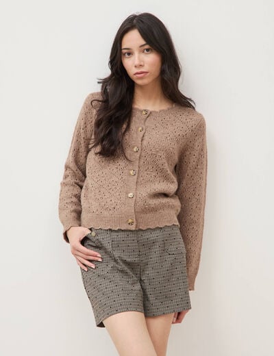 Gilet manches longues col rond taupe femme