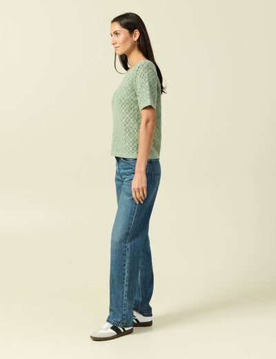 T-shirt ajour&eacute; col rond manches courtes vert kaki femme