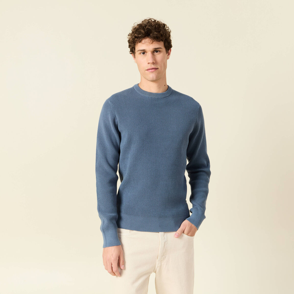 Pull manches longues col rond bleu gris homme