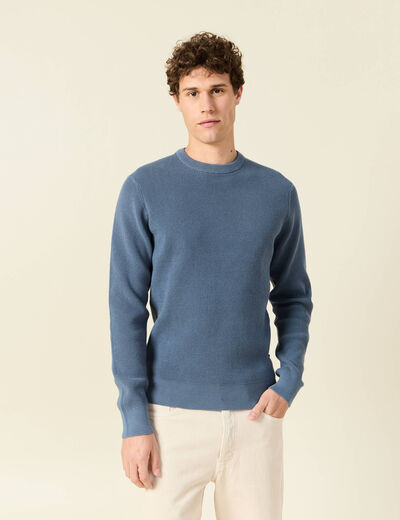 Pull manches longues col rond bleu gris homme