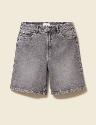 Bermuda jeans large taille haute denim snow gris femme