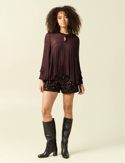 Short ajust&eacute; taille haute doubl&eacute; marron femme