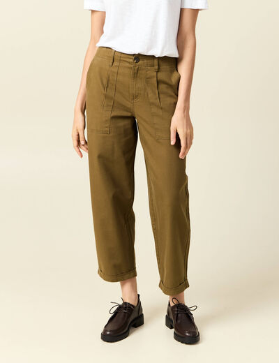 Jeans barrel taille haute 7/8&egrave;me vert kaki femme