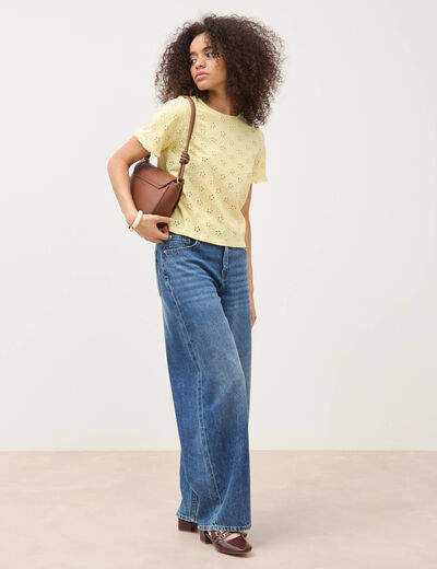 T-shirt droit col rond broderie coton jaune pastel femme
