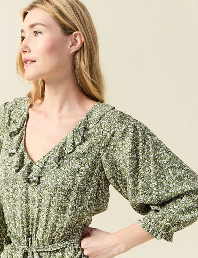 Robe évasée ceinturée vert kaki femme