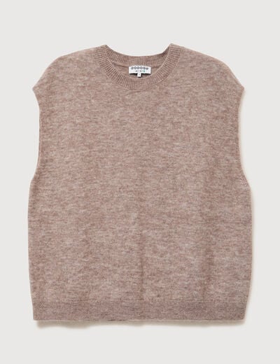 Pull droit court sans manches col rond marron clair femme