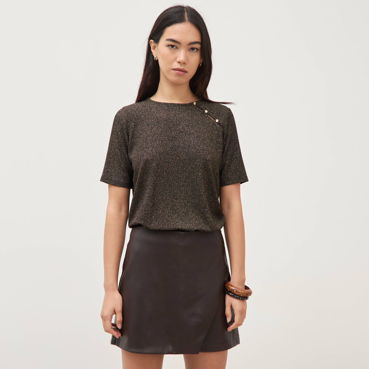 Jupe-short en similicuir doubl&eacute;e marron fonc&eacute; femme
