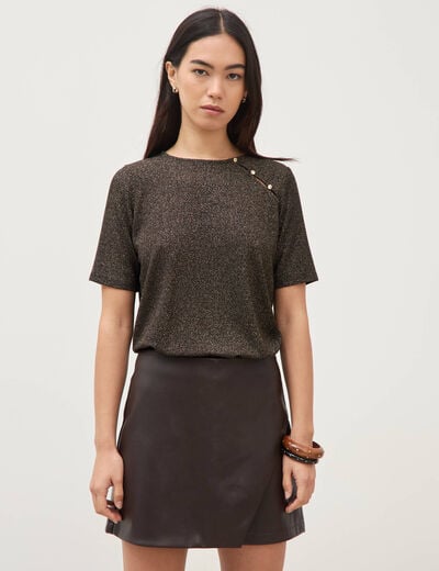 Jupe-short en similicuir doubl&eacute;e marron fonc&eacute; femme