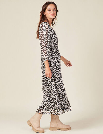 Robe longue évasée manches 3/4 noir femme