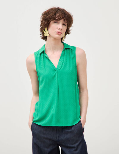 Top sans manches col tailleur vert femme