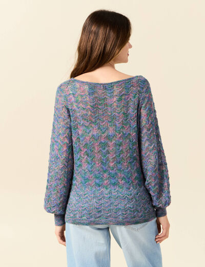 Pull manches longues ajouré bleu gris femme