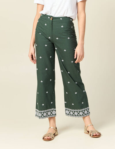 Pantalon large brodé vert kaki femme