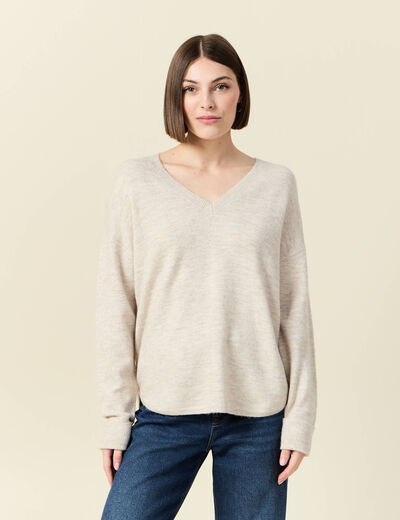 Pull manches longues col en V creme femme