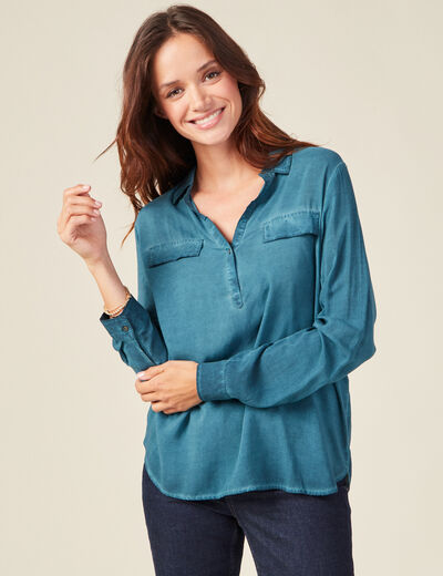 Blouse manches longues poches bleu pétrole femme