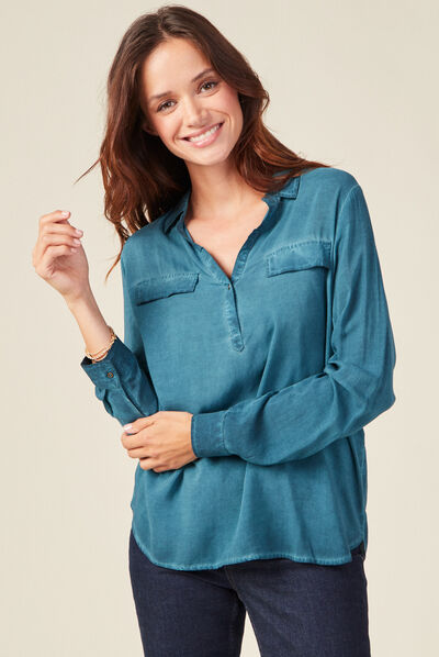Blouse manches longues poches bleu pétrole femme