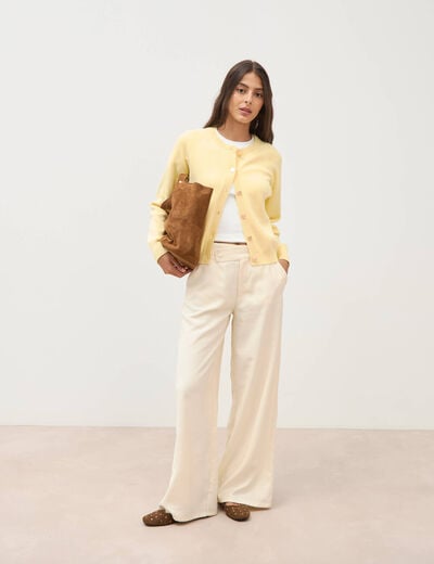 Pantalon large taille haute ceinture ivoire femme