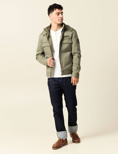 Blouson col montant à capuche vert kaki homme