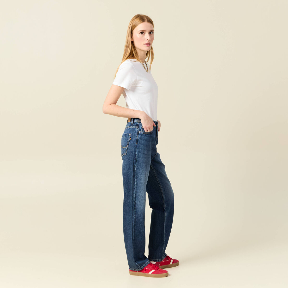Jeans straight taille haute denim stone femme