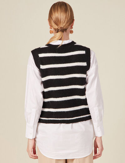 Pull droit court sans manches col v noir femme
