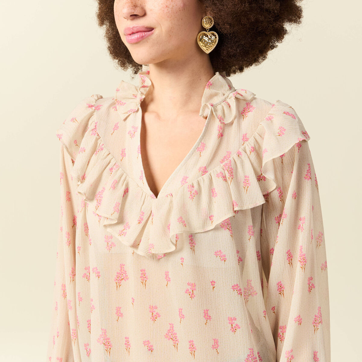 Blouse oversize col v manches longues blanc femme