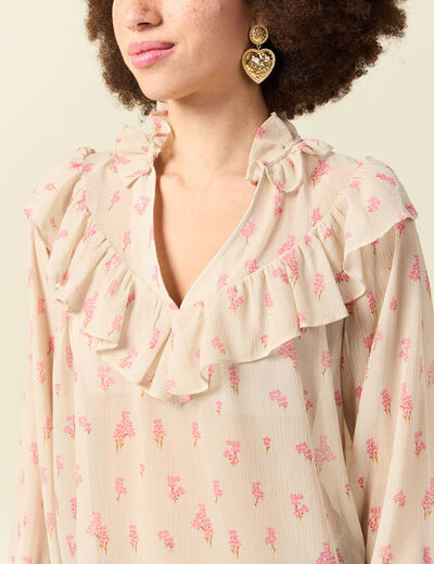 Blouse oversize col v manches longues blanc femme