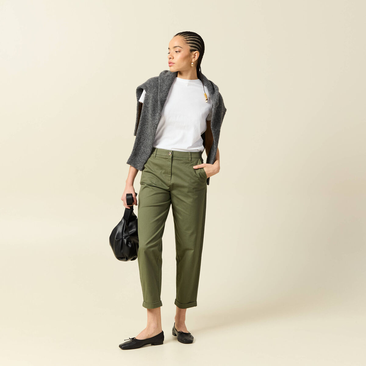 Pantalon taille haute fluide vert kaki femme