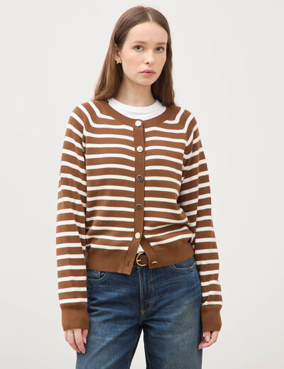 Gilet manches longues col rond en coton marron femme