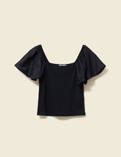 T-shirt bi-mati&egrave;re ajust&eacute; d&eacute;collet&eacute; noir femme