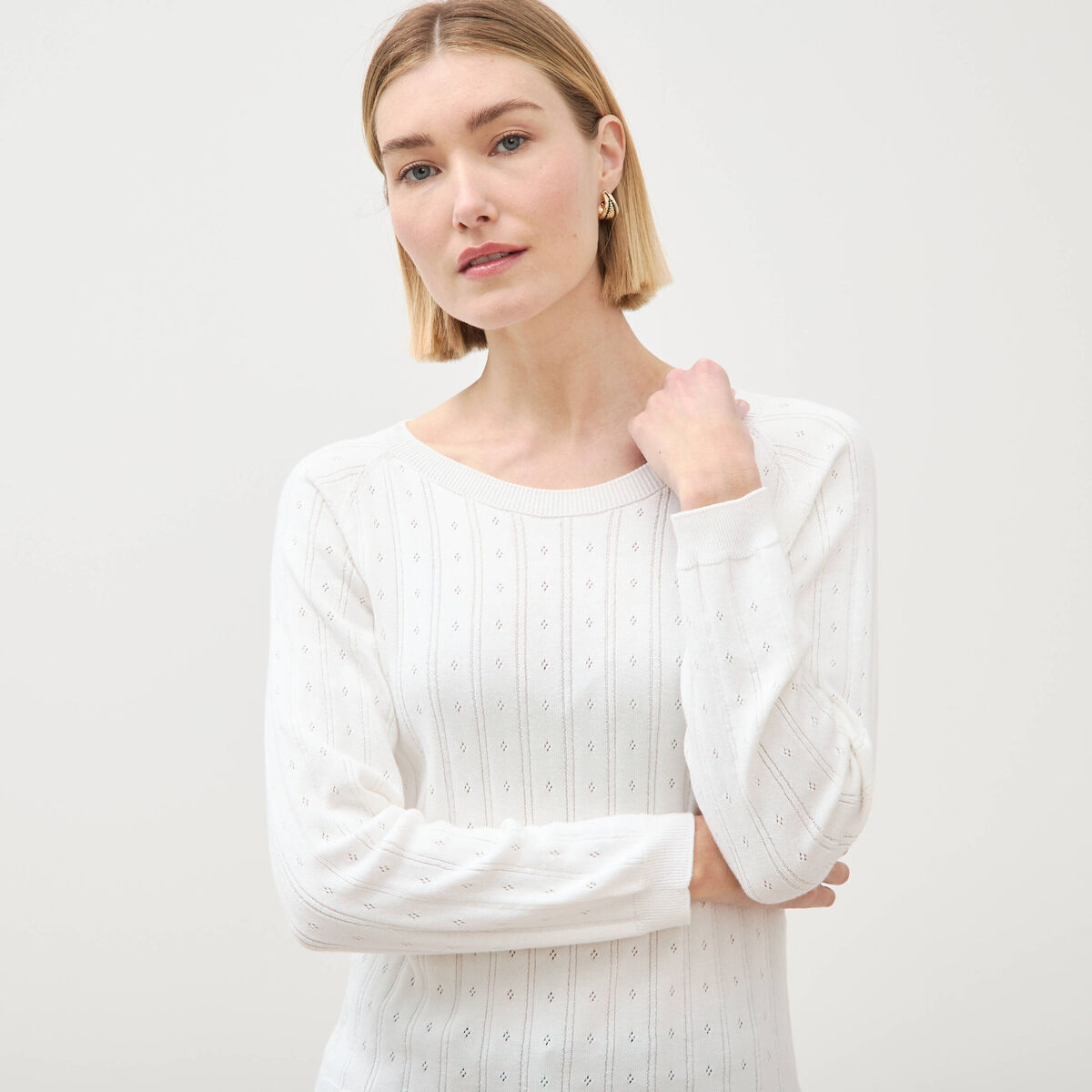 Pull col rond manches longues blanc femme