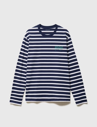 T-shirt ray&eacute; col rond manches longues blanc homme