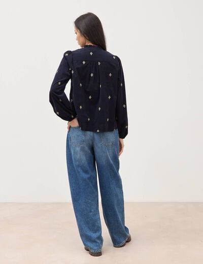 Chemise en coton avec broderie bleu marine femme