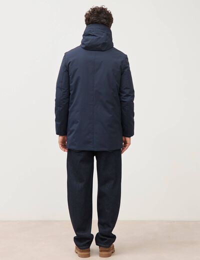 Parka longue droite &agrave; capuche bleu marine homme