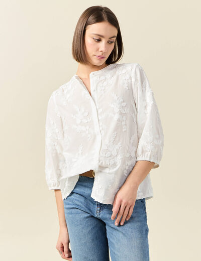 Chemise manches 3/4 brodée ecru femme