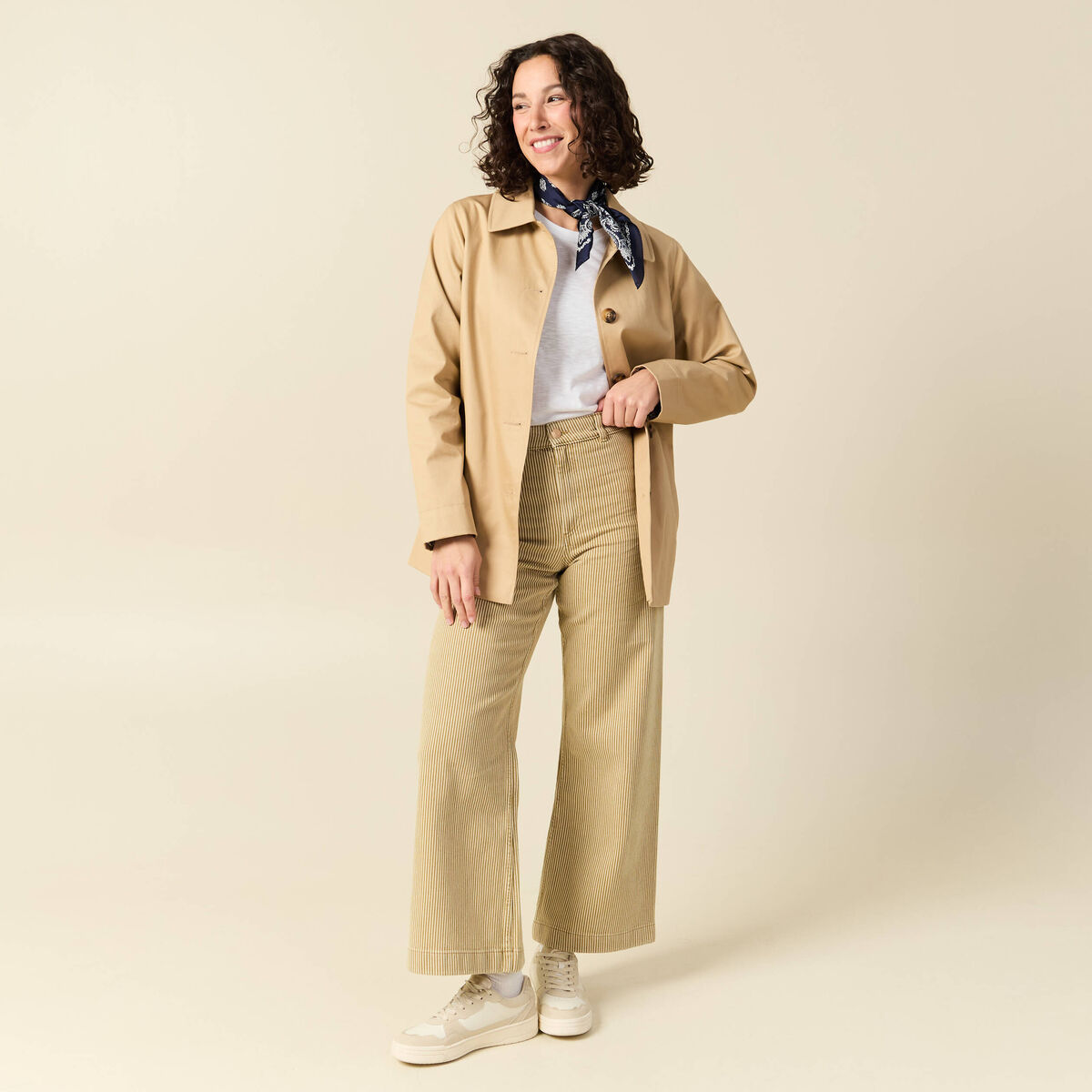 Jeans large ray&eacute; taille haute 7/8&egrave;me beige femme