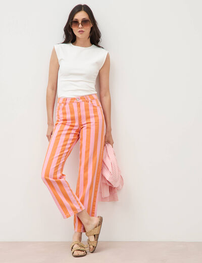 Jeans droit cropped taille haute ray&eacute; orange femme