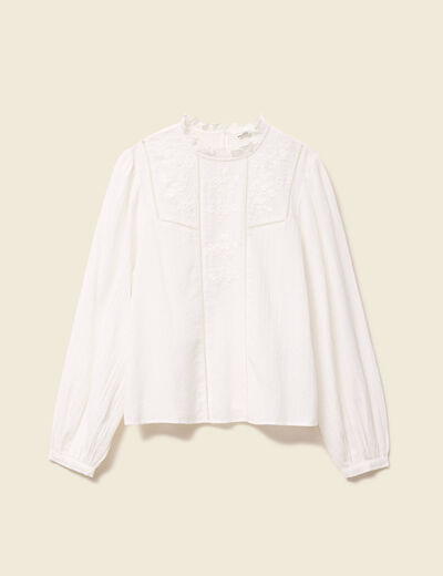 Chemise manches longues brod&eacute;e ecru femme