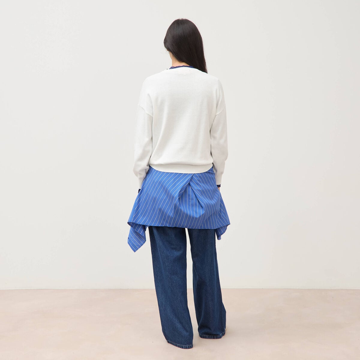 Pull oversize col rond manches longues ecru femme