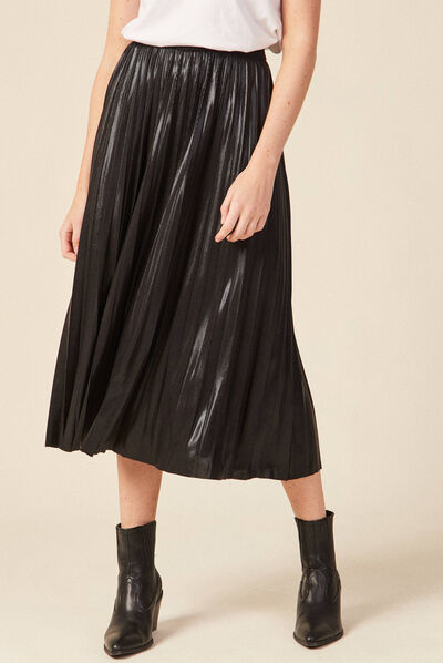 Jupe midi évasée plissée noir femme