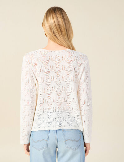 Pull ajour&eacute; col v manches longues ecru femme