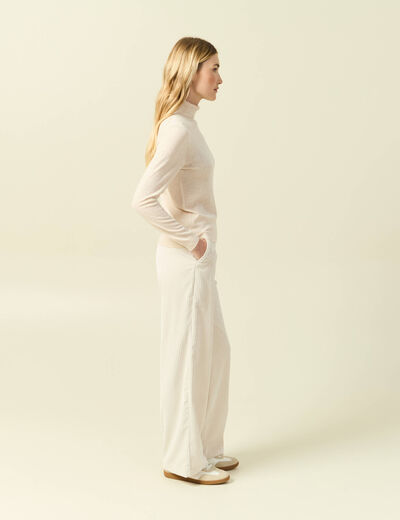 Pull fin col roul&eacute; manches longues creme femme