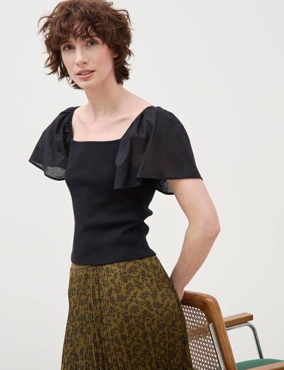 T-shirt bi-mati&egrave;re ajust&eacute; d&eacute;collet&eacute; noir femme