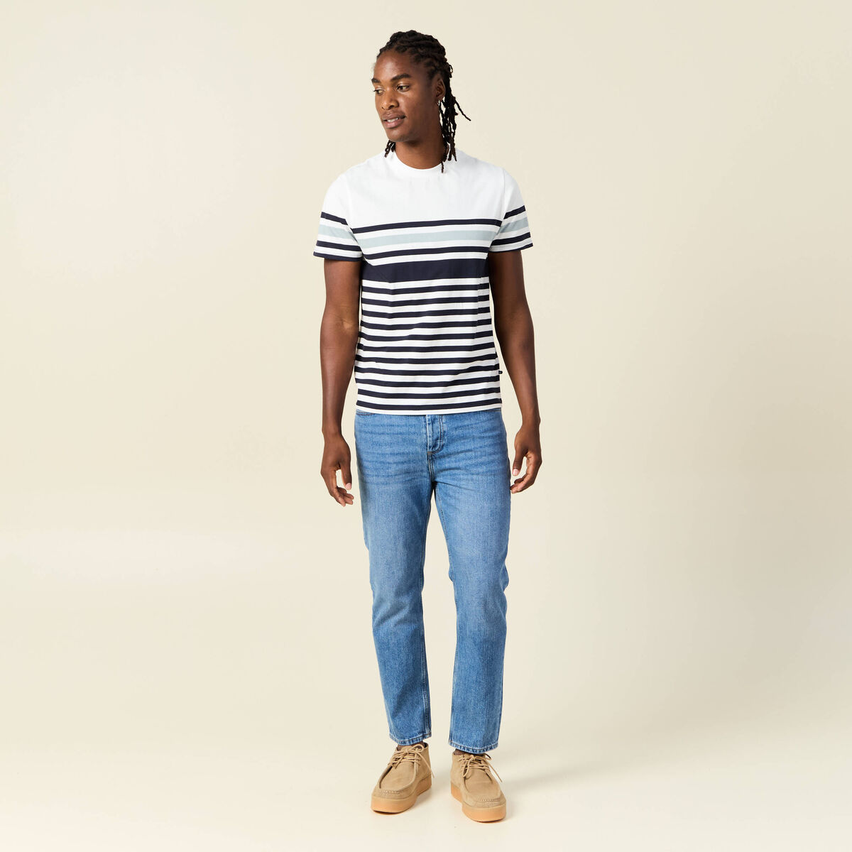 T-shirt ray&eacute; col rond manches courtes bleu marine homme
