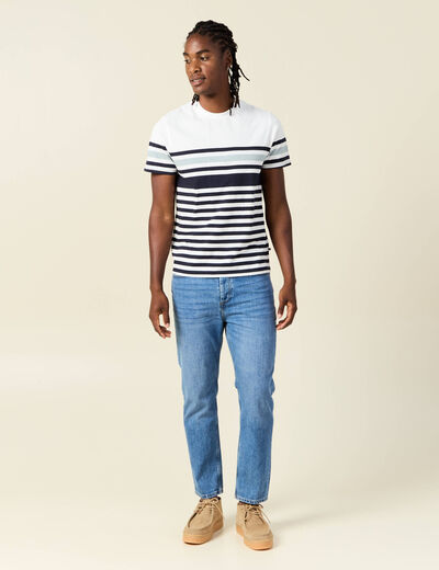 T-shirt ray&eacute; col rond manches courtes bleu marine homme