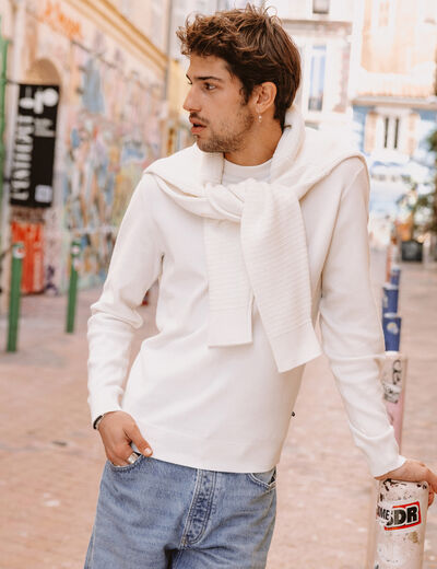 Pull fin manches longues col rond ecru homme