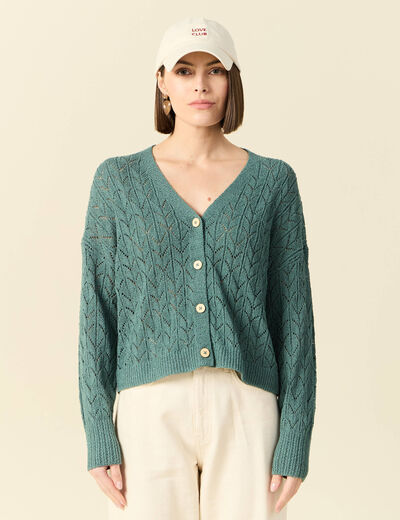 Gilet manches longues ajouré vert foncé femme