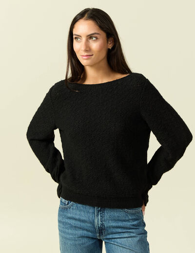 Pull ajour&eacute; col bateau manches longues noir femme