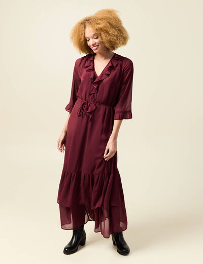 Robe manches 3/4 doubl&eacute;e bordeaux femme
