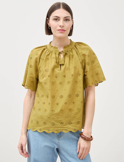 Blouse col v manches 3/4 en coton brod&eacute;e vert olive femme