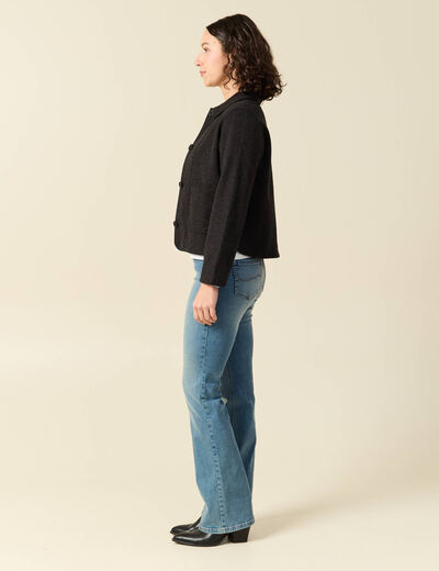 Cardigan droit court col classique gris fonc&eacute; femme